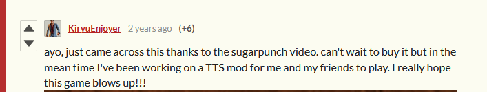 itch.io komentar: I've been working on a TTS mod for me and my friends to play